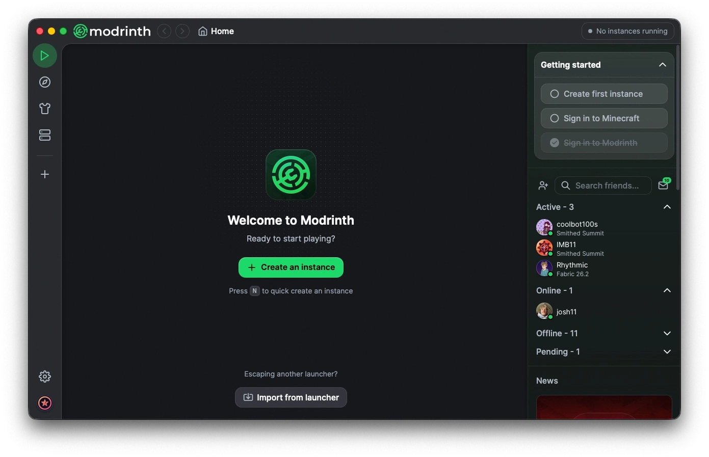 "Welcome to Modrinth" below the Modrinth logo with a button to create your first instance.